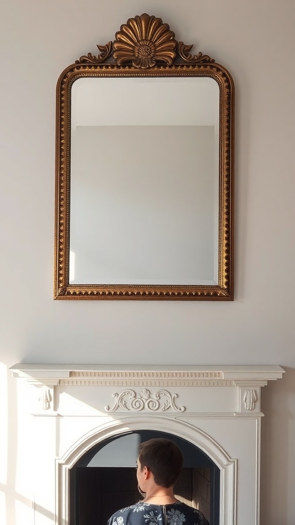 A decorative mirror with an ornate frame above a white mantel, reflecting light in a cozy living room.