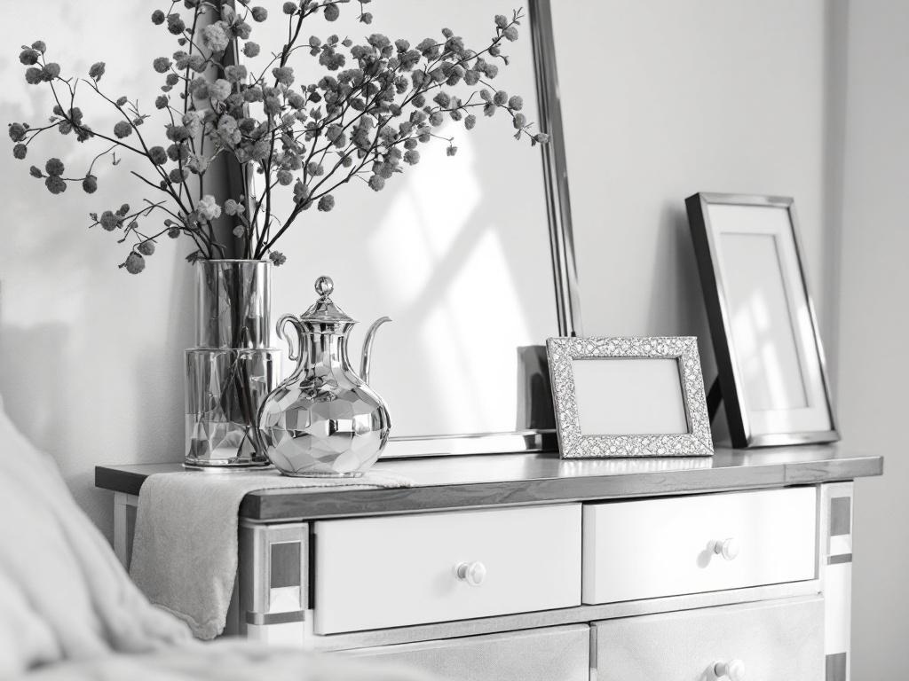A stylish bedroom dresser with a mirror, vase, and decorative items.