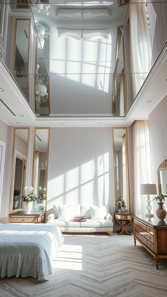 A beautifully designed bedroom with a mirrored ceiling reflecting light and creating an elegant atmosphere.