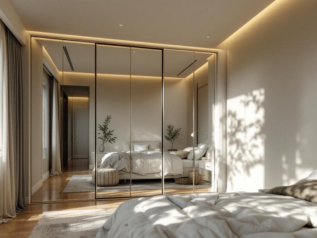 A modern bedroom featuring mirrored closet doors that reflect light and enhance the space.
