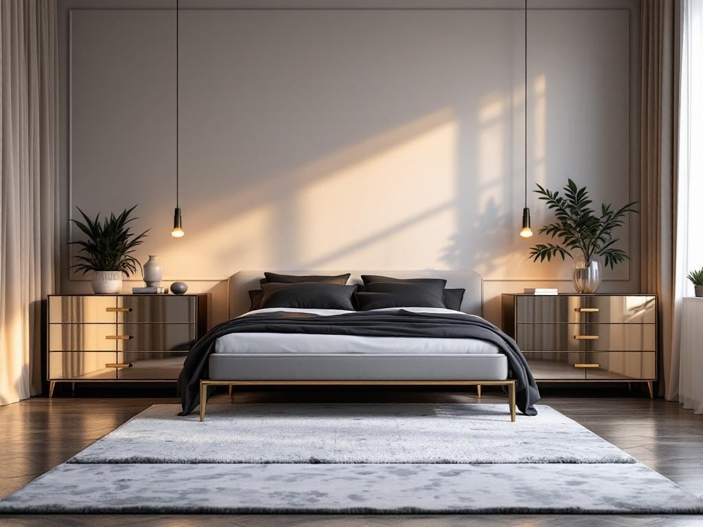 A stylish bedroom featuring mirrored furniture, including nightstands and a bed, with plants and soft lighting.