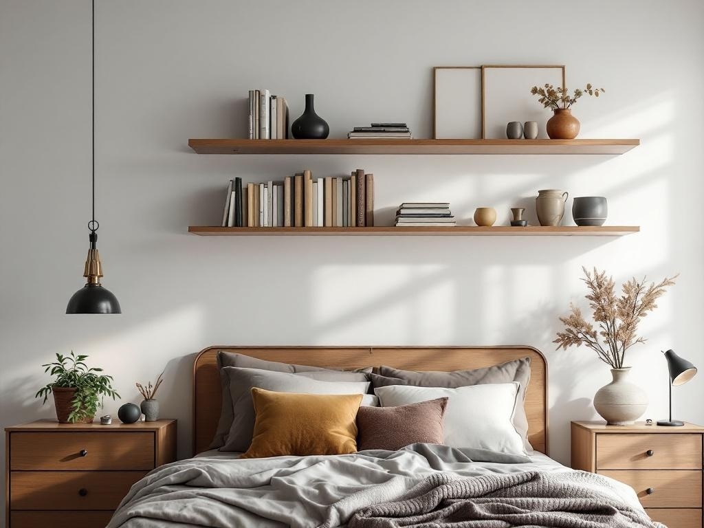 A cozy bedroom featuring mirrored shelves with books and decorative items above a neatly made bed.