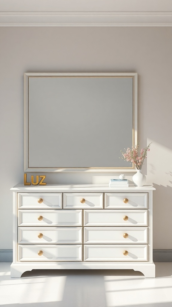 A white dresser with a large mirror above it, decorated with a vase and a small book.