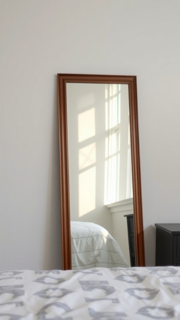 A tall wooden-framed mirror reflecting light in a cozy bedroom
