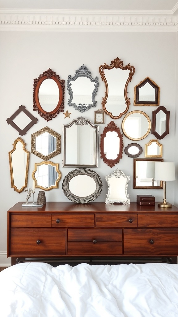 A collection of uniquely shaped mirrors arranged on a wall above a wooden dresser.