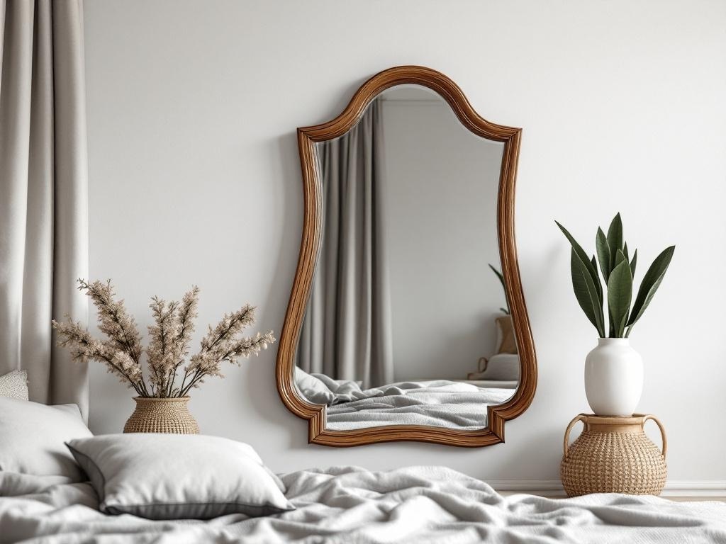 A uniquely shaped mirror with a wooden frame hanging on a wall, reflecting a cozy bedroom setting with plants and soft bedding.