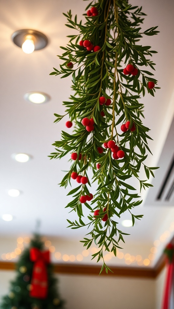 A mistletoe arrangement hanging from the ceiling with red berries.