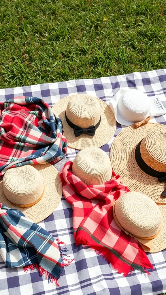 A collection of straw hats and plaid scarves on a checkered blanket
