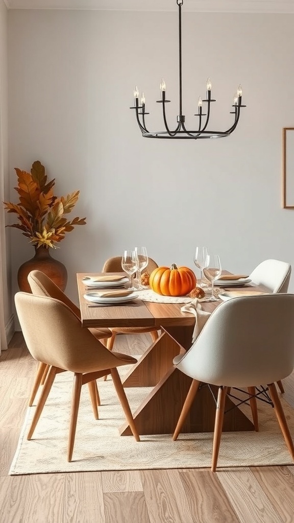A modern Thanksgiving table with mixed chairs, featuring a pumpkin centerpiece and elegant tableware.
