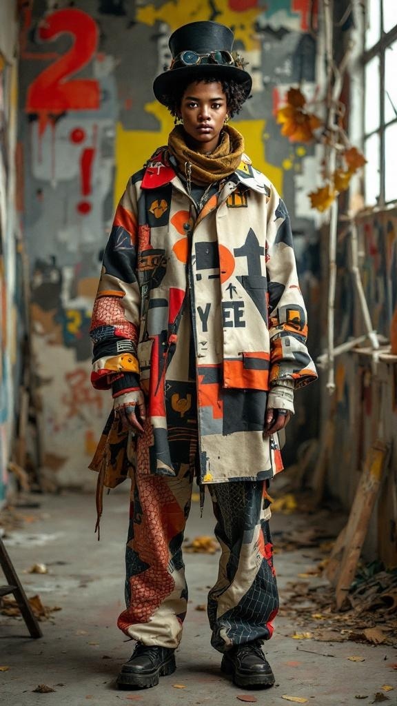 A model wearing a colorful, patterned oversized jacket and pants, accessorized with a top hat and scarf.