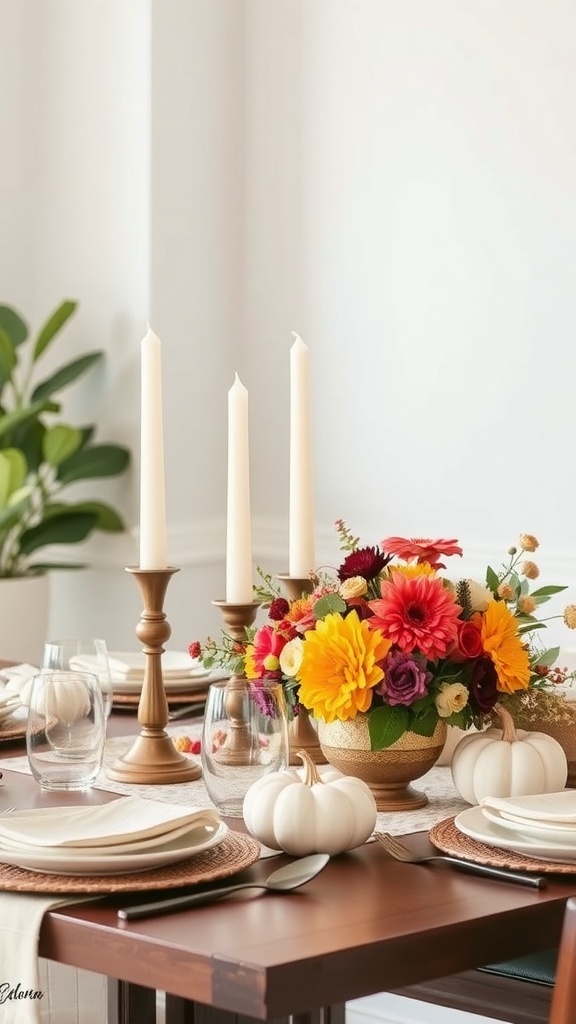 A beautifully arranged fall table with a mix of heights in decor, featuring tall candle holders, a colorful floral centerpiece, and small white pumpkins.