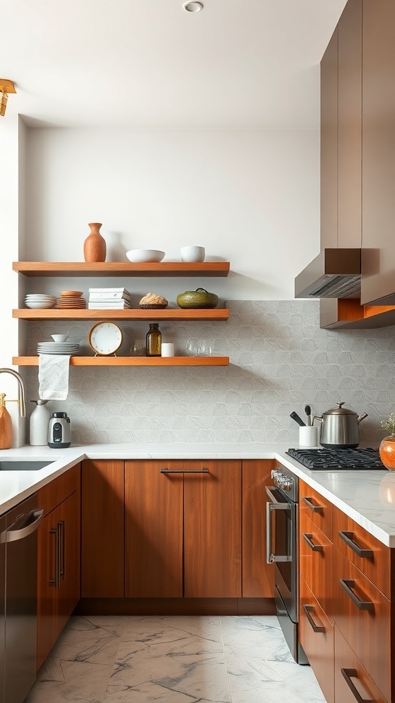 A warm modern kitchen with wooden cabinets, metal accents, and open shelving.