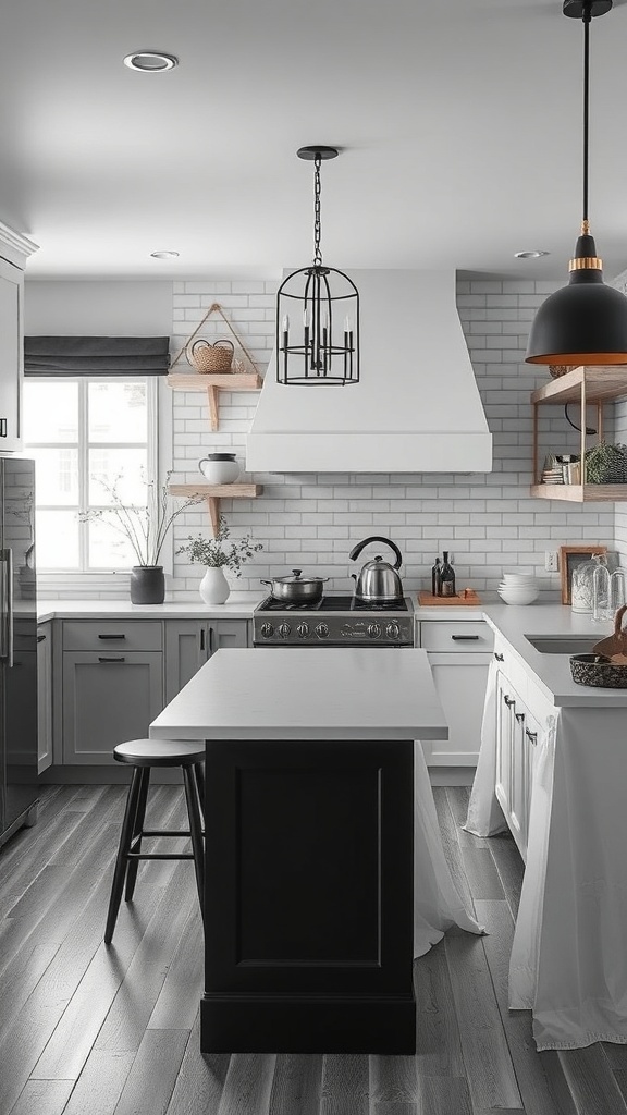 A black and white farmhouse kitchen featuring modern and rustic decor elements.