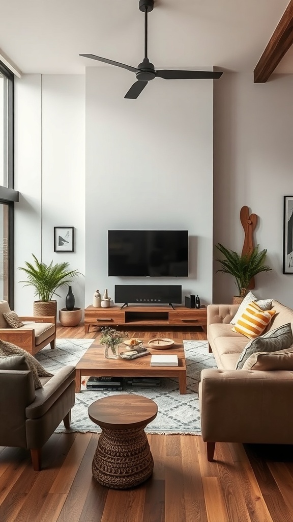 A cozy industrial farmhouse living room featuring modern furniture and rustic elements.
