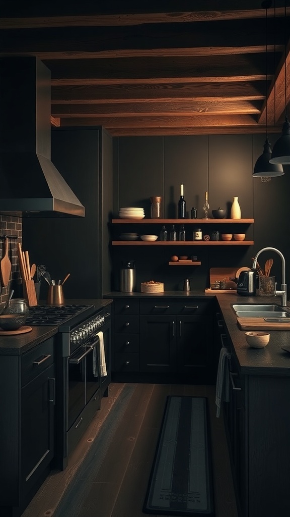 A dark rustic kitchen featuring modern appliances and wooden beams.
