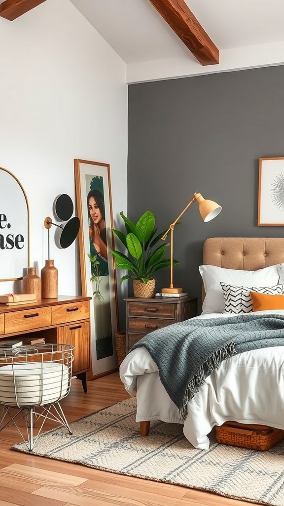 A rustic modern bedroom featuring a mix of furniture styles, including a wooden bed, stylish decor, and a cozy atmosphere.