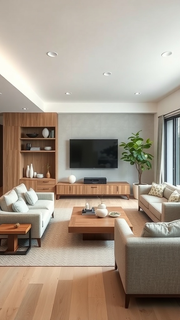 A modern living room with rustic elements, featuring light-colored sofas, a wooden coffee table, and a stylish entertainment unit.