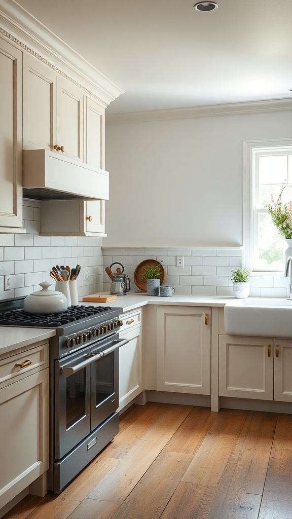 A cozy French farmhouse kitchen featuring modern appliances and traditional cabinetry.