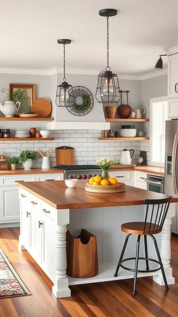 A farmhouse kitchen island with a wooden top, white cabinetry, and vintage decor elements.