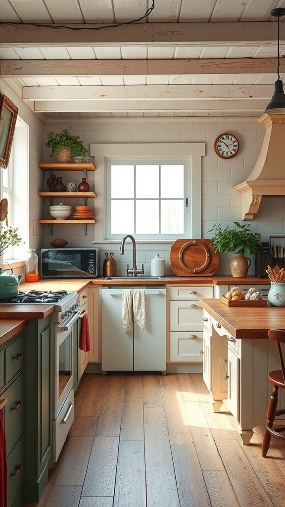 A cozy farmhouse kitchen with modern appliances and vintage decor.