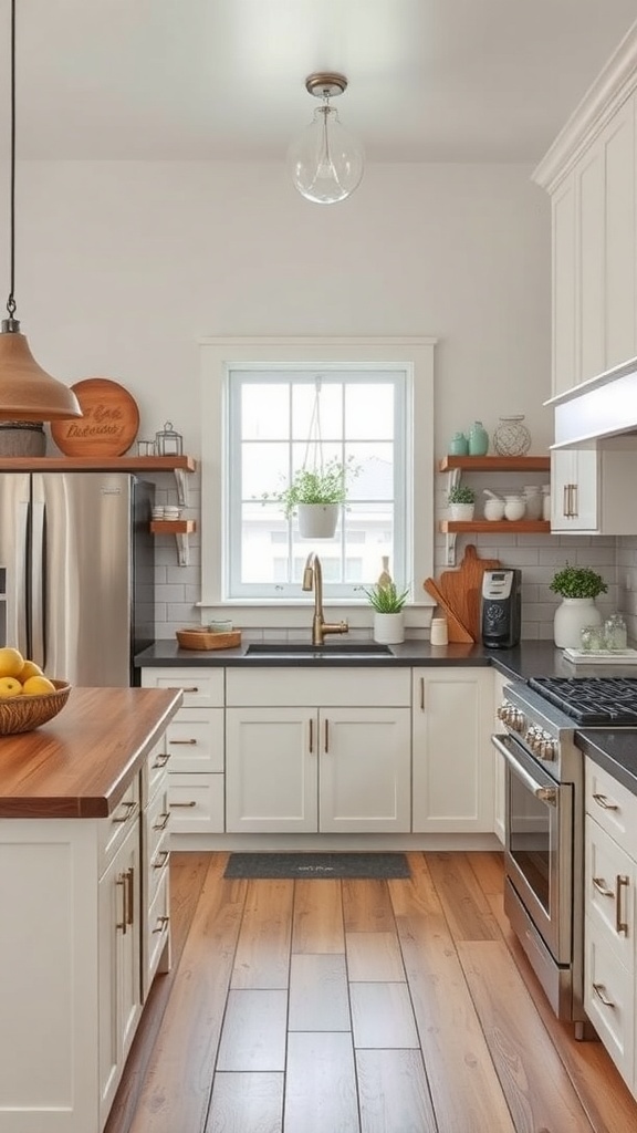 Contemporary farmhouse kitchen featuring modern appliances and rustic decor.