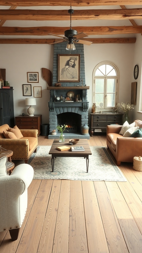 A rustic living room featuring a mix of vintage and modern furniture.