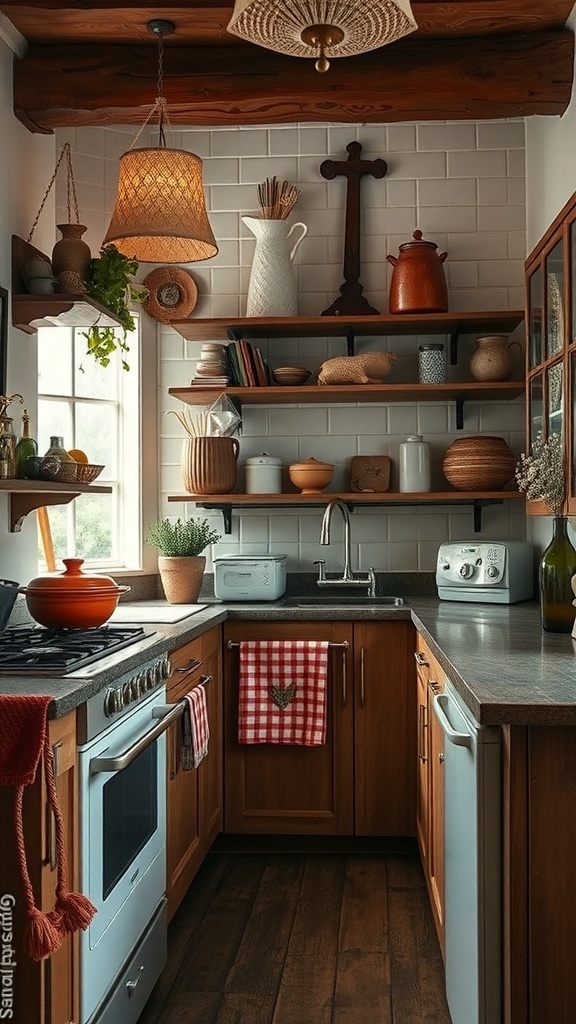 A small rustic kitchen featuring wooden cabinets, vintage decor, and modern appliances.