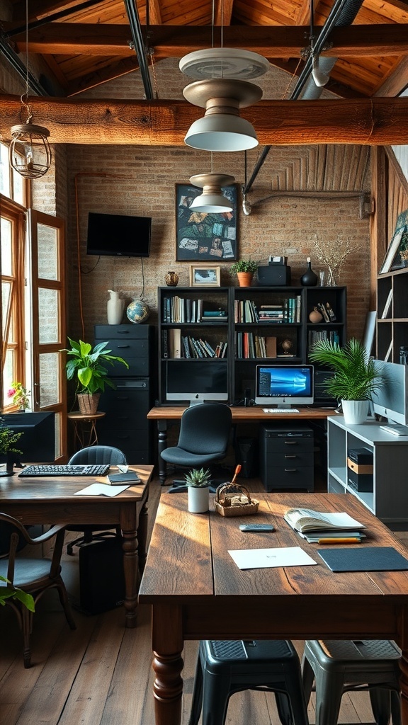 A rustic office featuring wooden beams, vintage furniture, and modern technology.