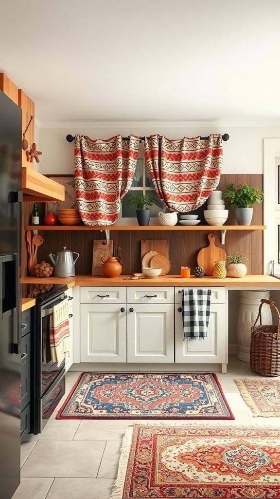 A cozy boho kitchen featuring patterned curtains, colorful rugs, and wooden shelves.