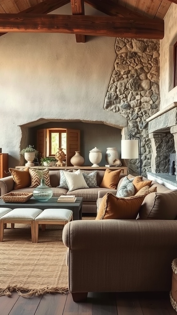 A rustic living room featuring a cozy couch, wooden coffee table, and stone walls.