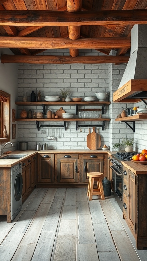 A rustic kitchen featuring wooden cabinets, gray brick walls, and a warm atmosphere.