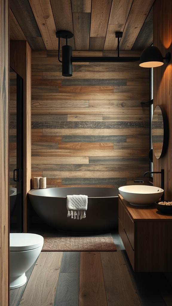 A modern rustic bathroom featuring wooden walls, a freestanding tub, and stylish fixtures.
