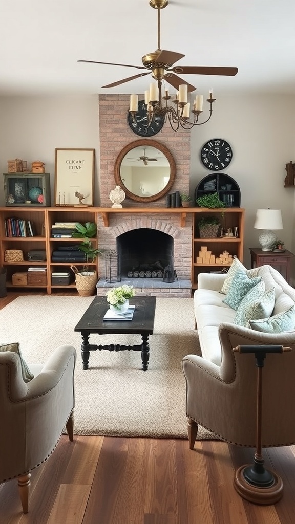 Cozy modern farmhouse living room with vintage and modern elements.