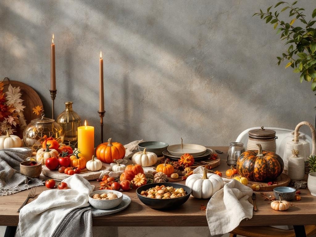 A beautifully arranged Thanksgiving table featuring mixed materials, including pumpkins, candles, and various dishes.