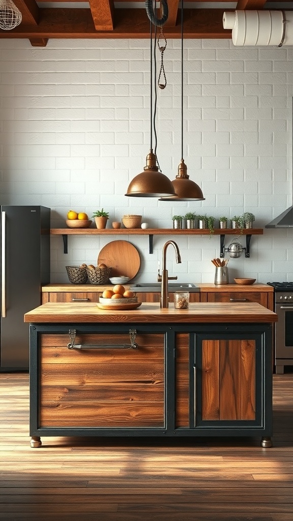 A rustic kitchen island featuring a wooden top and metal frame, surrounded by warm wooden cabinetry and hanging lights.