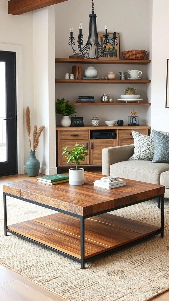A modern farmhouse coffee table with a wooden top and metal legs, surrounded by a cozy living room setting.