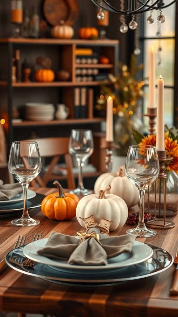 Thanksgiving table setting with mixed materials including wood, glass, and fabric, featuring pumpkins and candles.