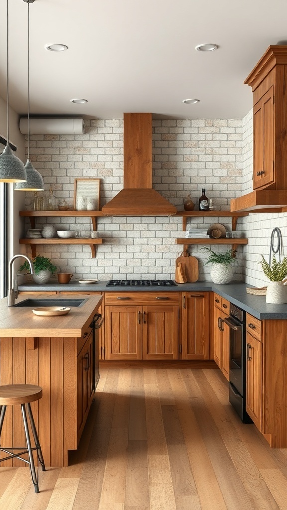 A modern farmhouse kitchen featuring wooden cabinets, a brick wall, and stylish lighting.