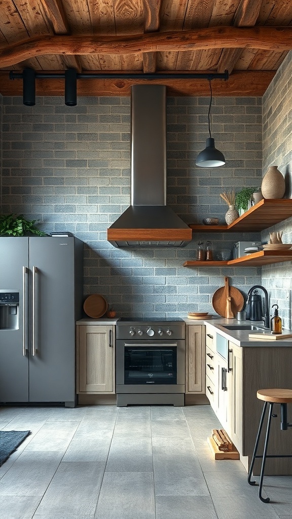 A rustic modern kitchen featuring wood beams, metal accents, and stone walls.