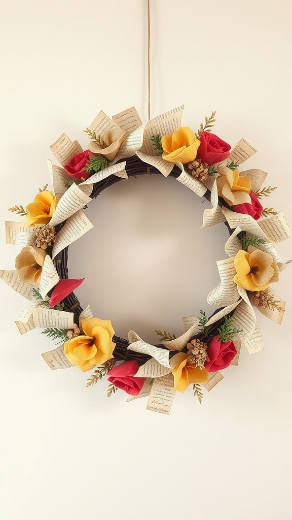 A mixed media art wreath featuring paper flowers in red and yellow, with vintage book pages and natural twigs.