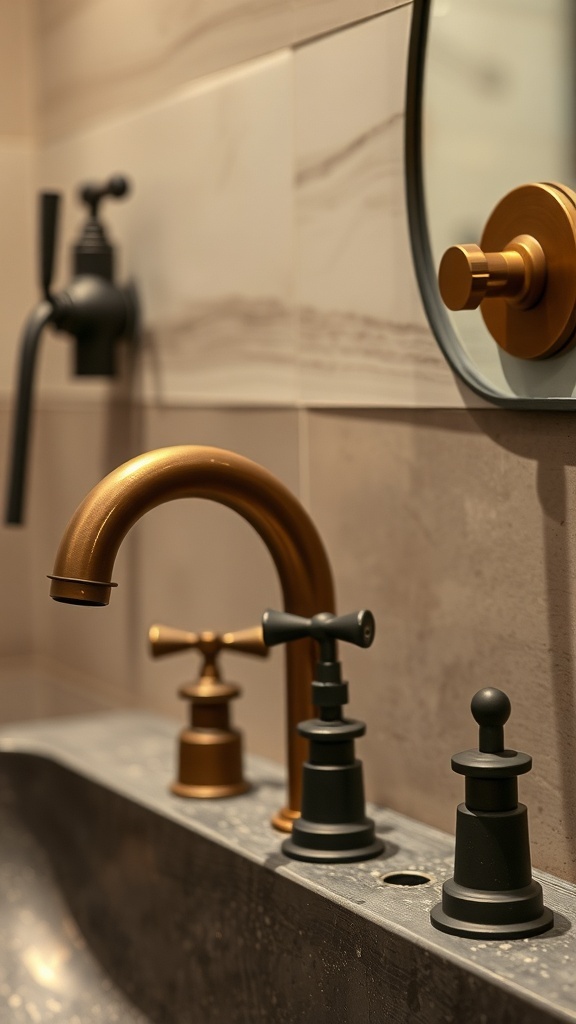 A close-up of mixed metal bathroom fixtures including bronze and black taps.