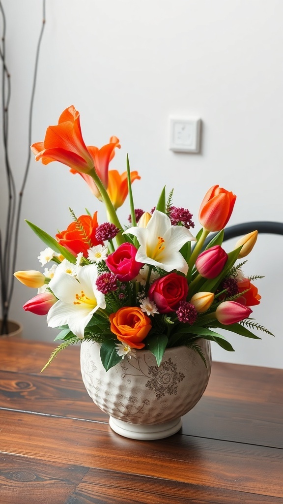A vibrant floral centerpiece featuring orange lilies, pink and yellow tulips, and red roses in a decorative vase.