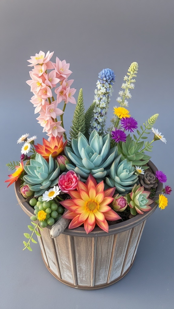 A colorful arrangement of succulents and flowers in a rustic container.