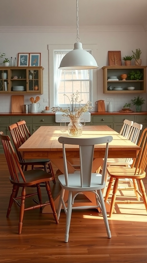 A farmhouse kitchen table with a mix of different chairs in warm tones.