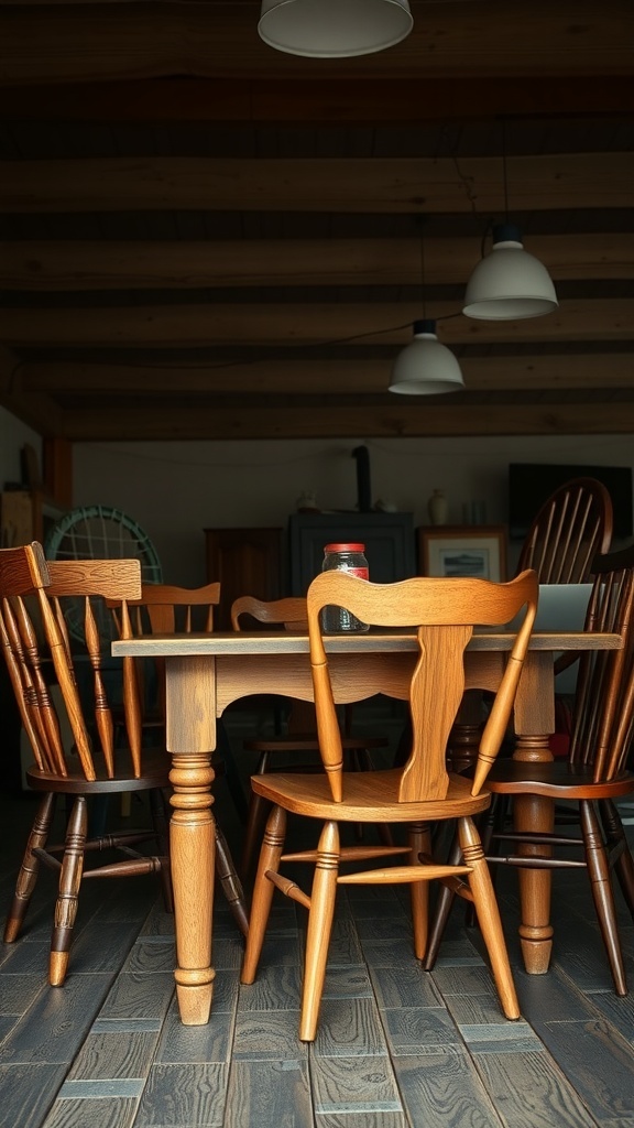 A rustic farmhouse dining table surrounded by various wooden chairs.