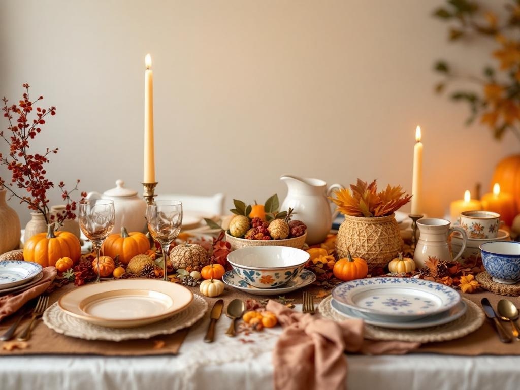A beautifully arranged Thanksgiving table with mixed dishware, pumpkins, and candles.