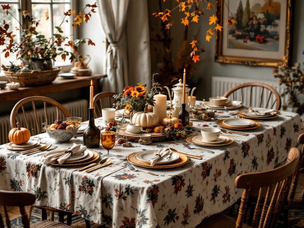 A beautifully set Thanksgiving table with a floral tablecloth, elegant dinnerware, pumpkins, and a cozy atmosphere.