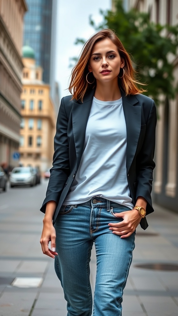 A young woman in a black blazer, white t-shirt, and jeans walking confidently in a city setting.