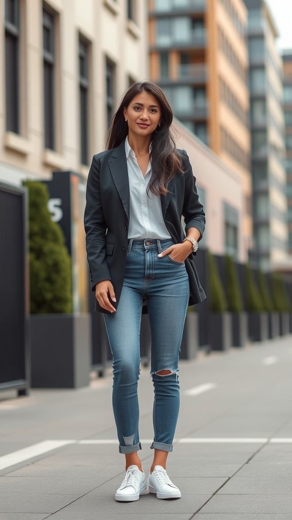 A woman in a smart casual outfit featuring a blazer, blouse, and jeans, standing outdoors.