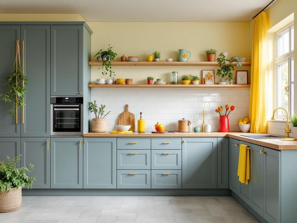 A stylish gray kitchen featuring bright yellow curtains and colorful kitchenware.